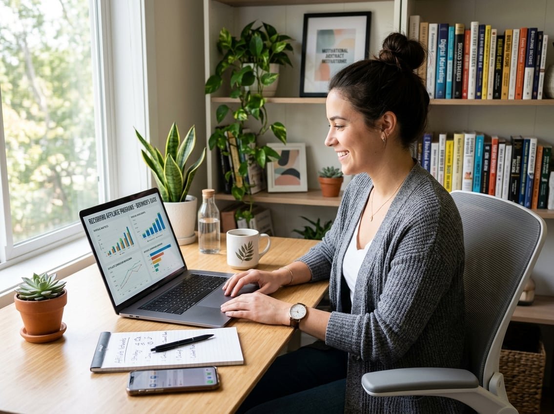 A young adult working at a desk with a laptop and notebooks, engaged in affiliate marketing tasks in a bright home office.