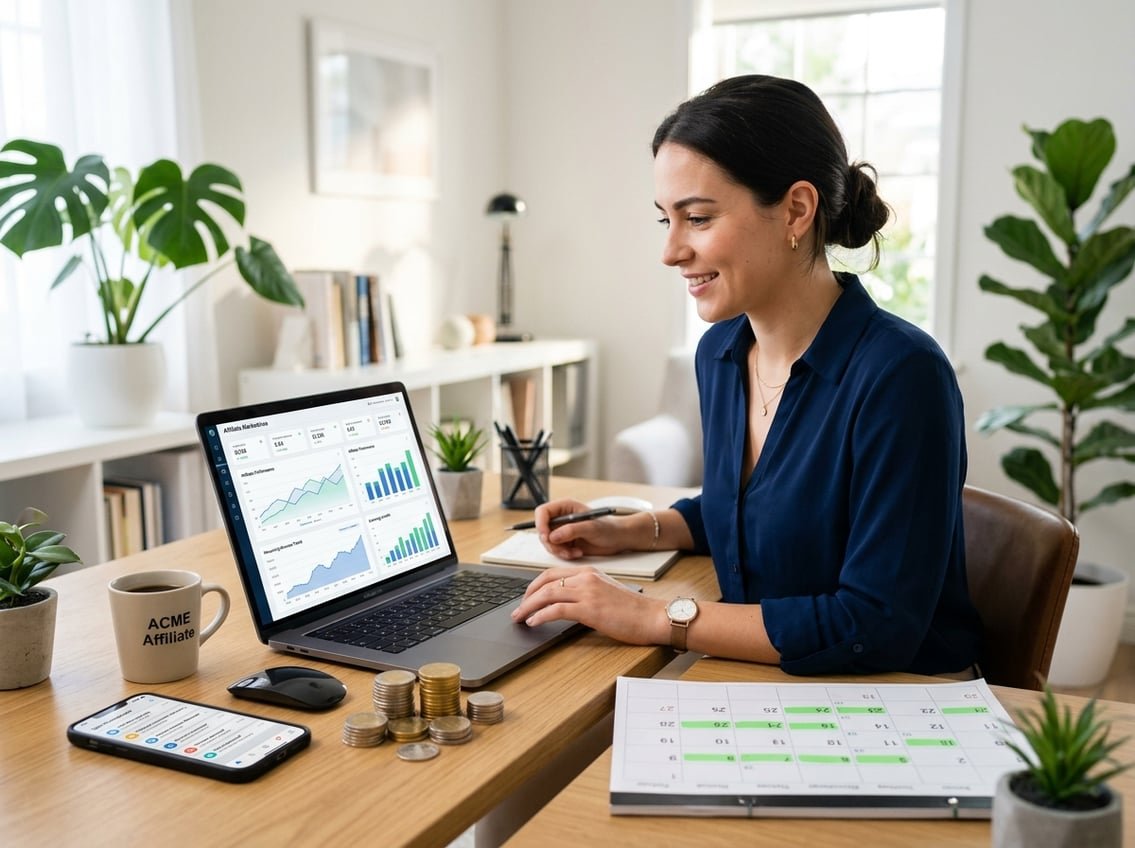 A young adult working at a desk with a laptop showing charts, surrounded by coins, a calendar, and a smartphone, symbolizing recurring affiliate programs.