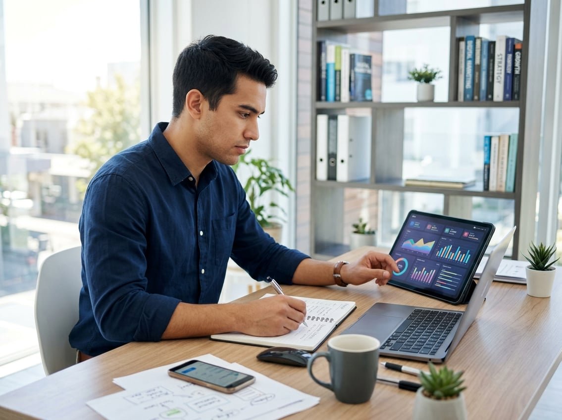 A young adult working at a desk with a laptop and tablet, reviewing charts and data in a bright office.