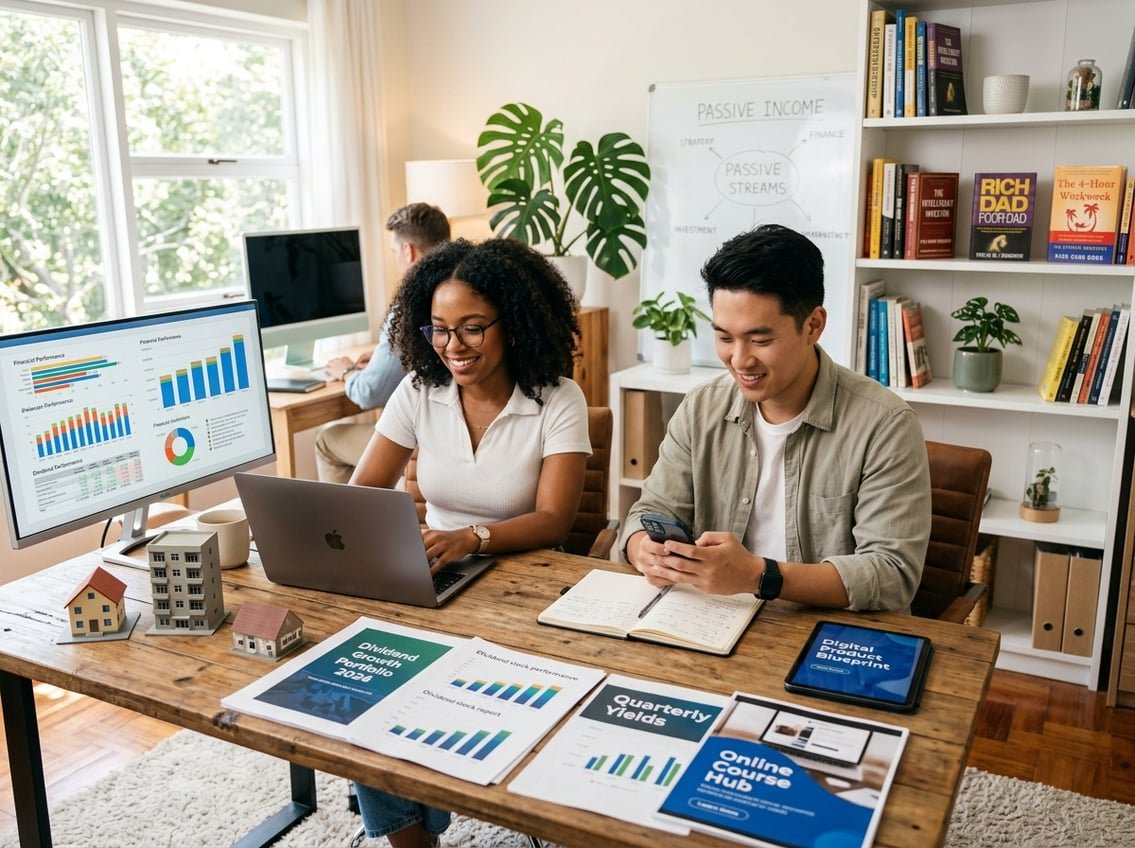 A group of young professionals working in a bright home office with laptops, smartphones, and financial materials representing passive income activities.