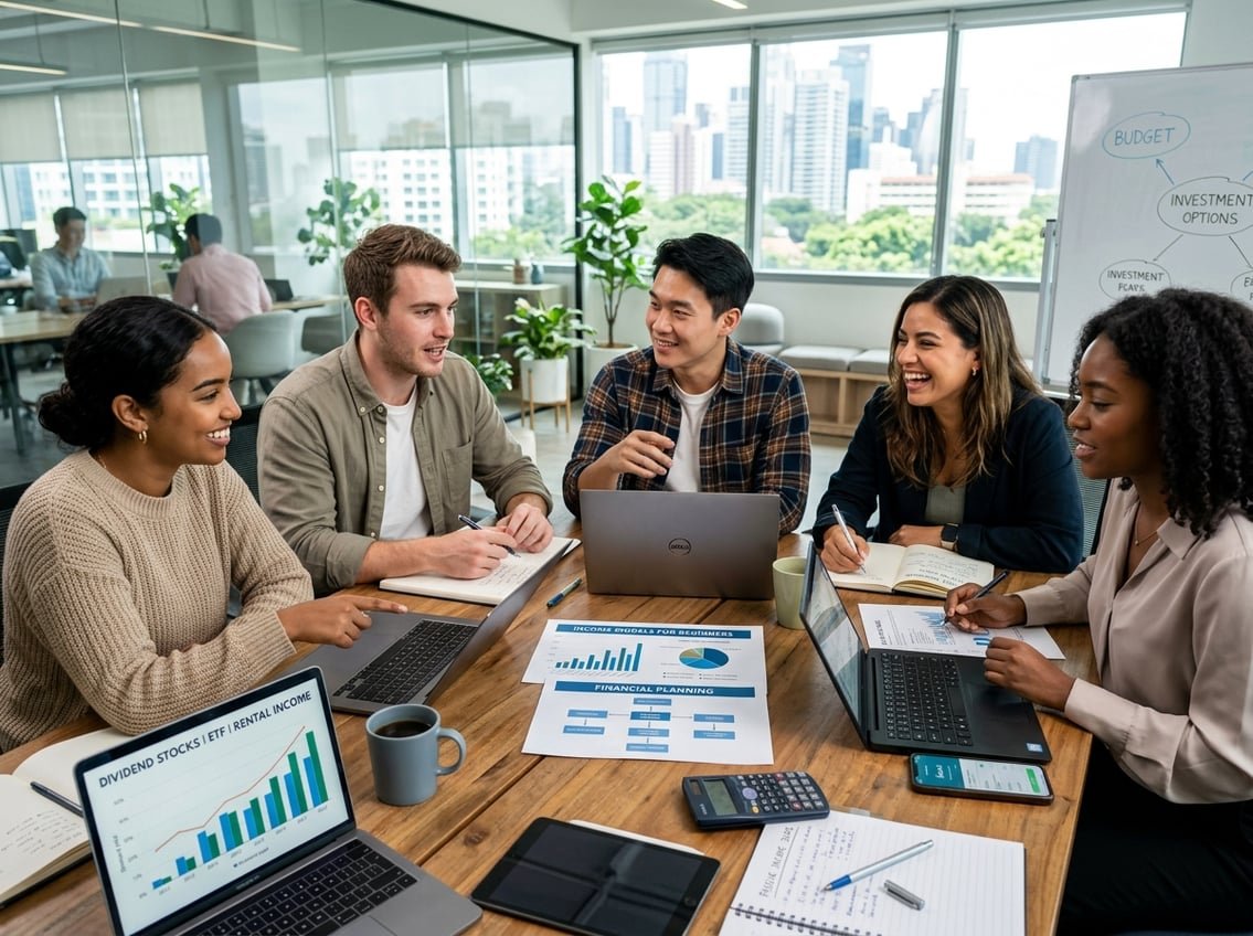 A group of young adults discussing and working together around a table with laptops and notebooks in a bright office.