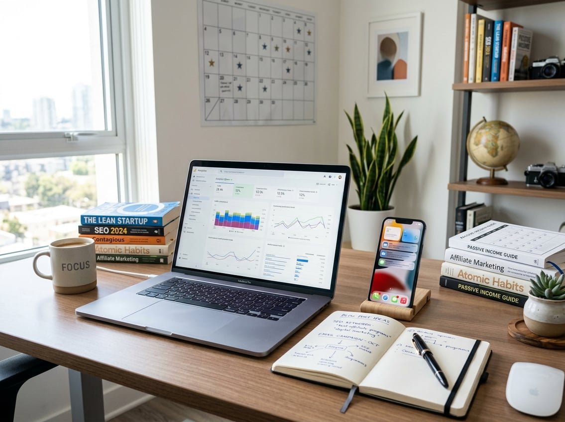 A modern workspace with a laptop showing analytics, a smartphone, and an open notebook on a clean desk near a window with natural light.