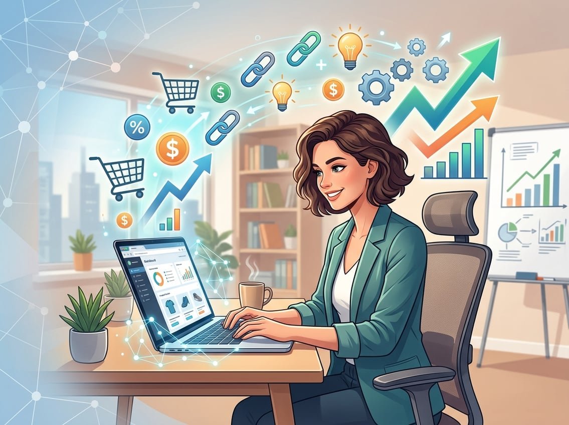 A person working at a desk with a laptop surrounded by digital marketing icons and growth charts, symbolizing starting affiliate marketing without followers.