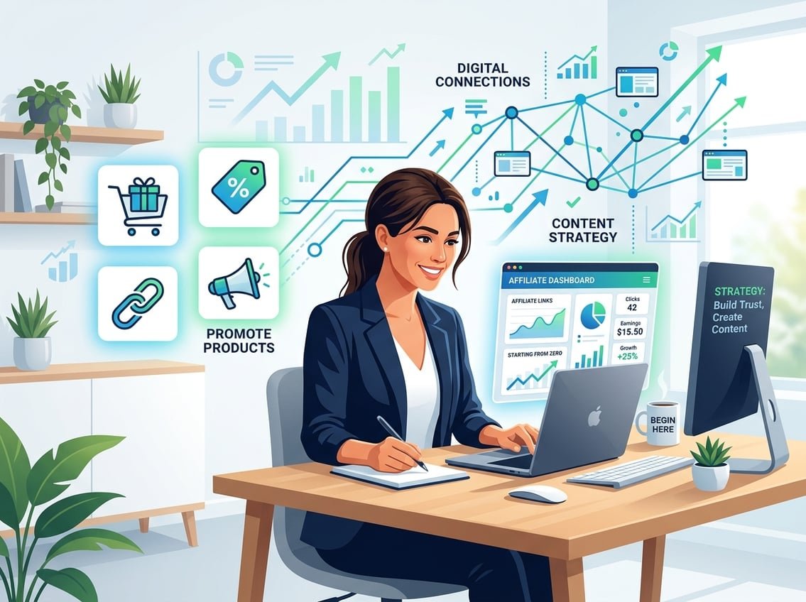A person working on a laptop surrounded by affiliate marketing icons and digital connections, symbolizing starting affiliate marketing without followers.