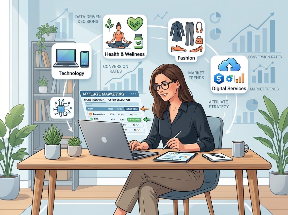 A person working at a desk with a laptop, surrounded by icons of different product categories and charts representing marketing data.