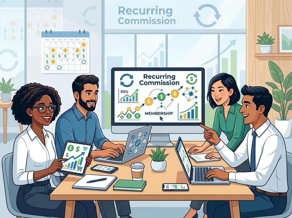 A group of young professionals working together around a table with laptops and devices showing charts and symbols representing recurring earnings and affiliate marketing.