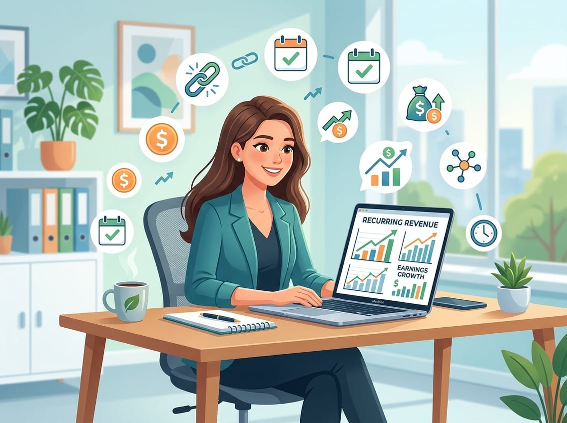 A young professional working at a desk with a laptop, surrounded by icons representing recurring payments and affiliate marketing in a bright office setting.