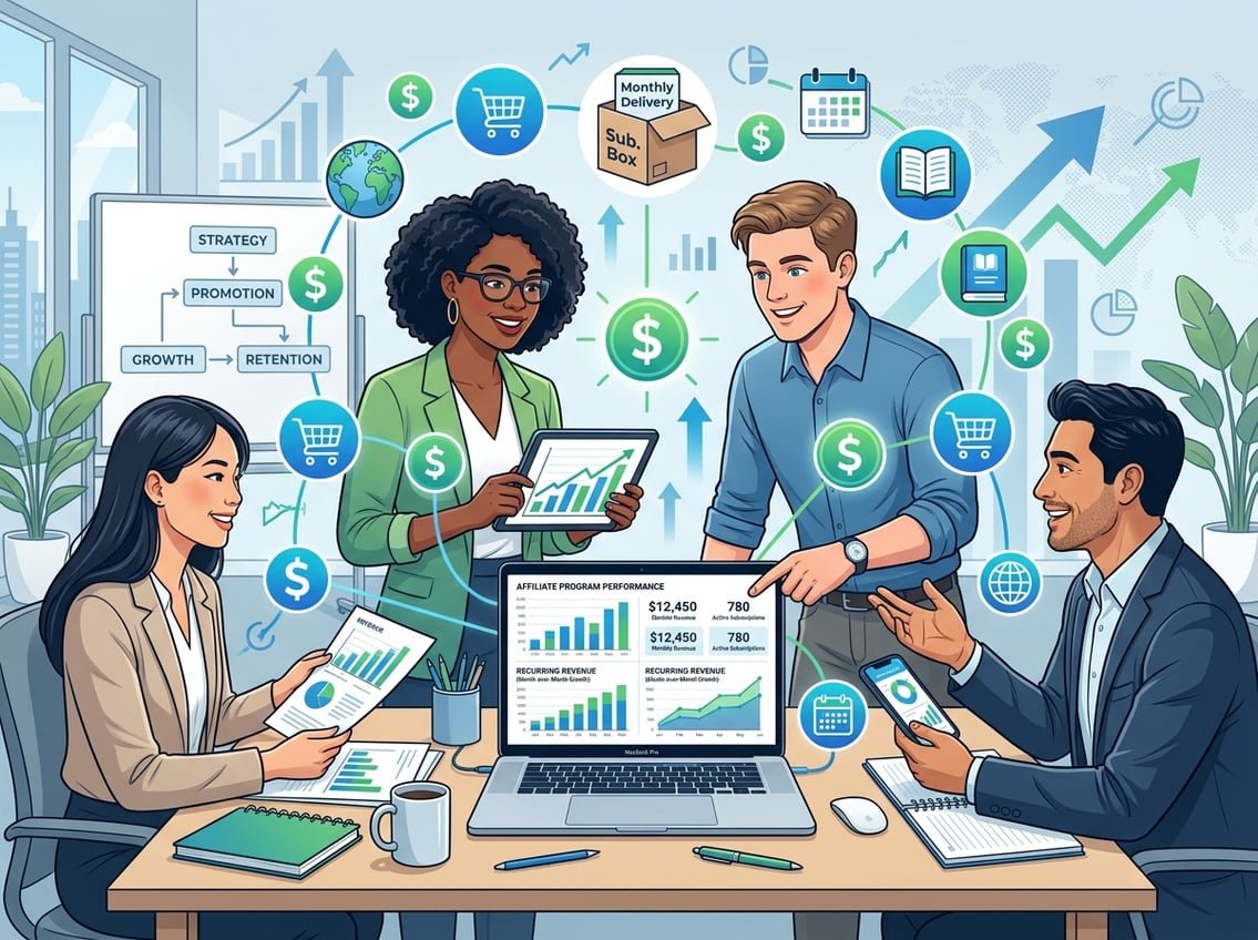 A modern workspace with a laptop showing charts, surrounded by icons representing different affiliate program categories and people collaborating.