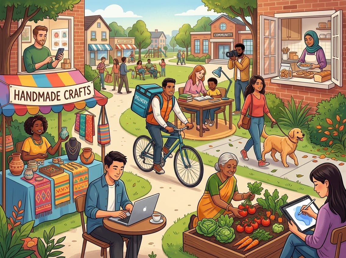 A group of people engaged in various beginner side hustles such as crafting, freelancing, delivery, tutoring, gardening, dog walking, digital art, baking, photography, and online selling in a neighborhood setting.