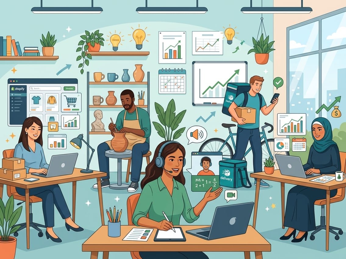 A diverse group of people working on different beginner-friendly side hustles like crafting, tutoring, delivering packages, and online selling in a bright and modern workspace.
