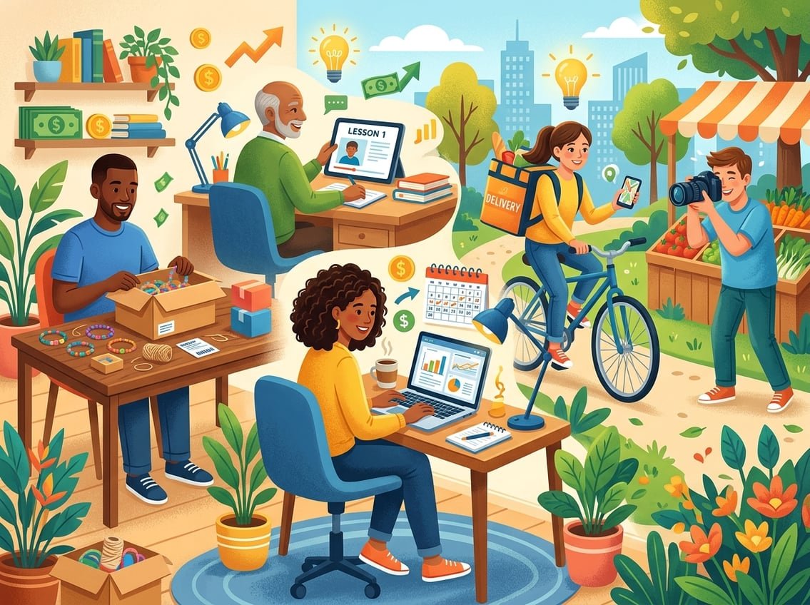 A group of diverse people engaging in different beginner side hustles like working on a laptop, packaging crafts, delivering packages, tutoring online, and taking photos.