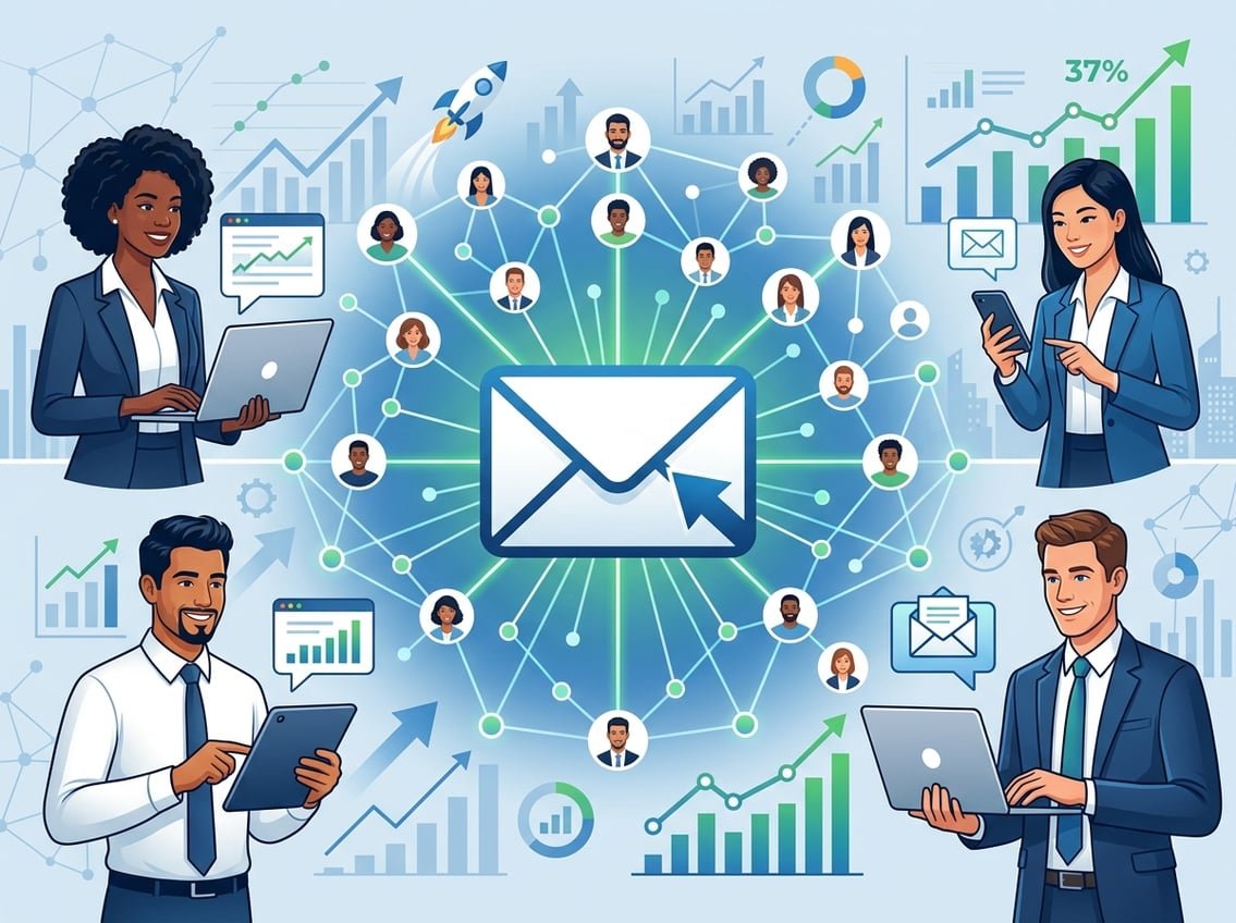 A group of people using digital devices around a large email icon with connected nodes, representing building an email list for affiliate marketing.