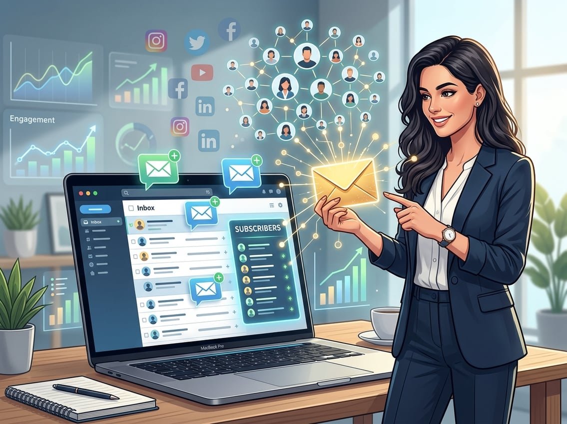 A businessperson next to a laptop showing many email messages, with social media icons smaller and fading in the background, symbolizing the importance of email lists over social followers.