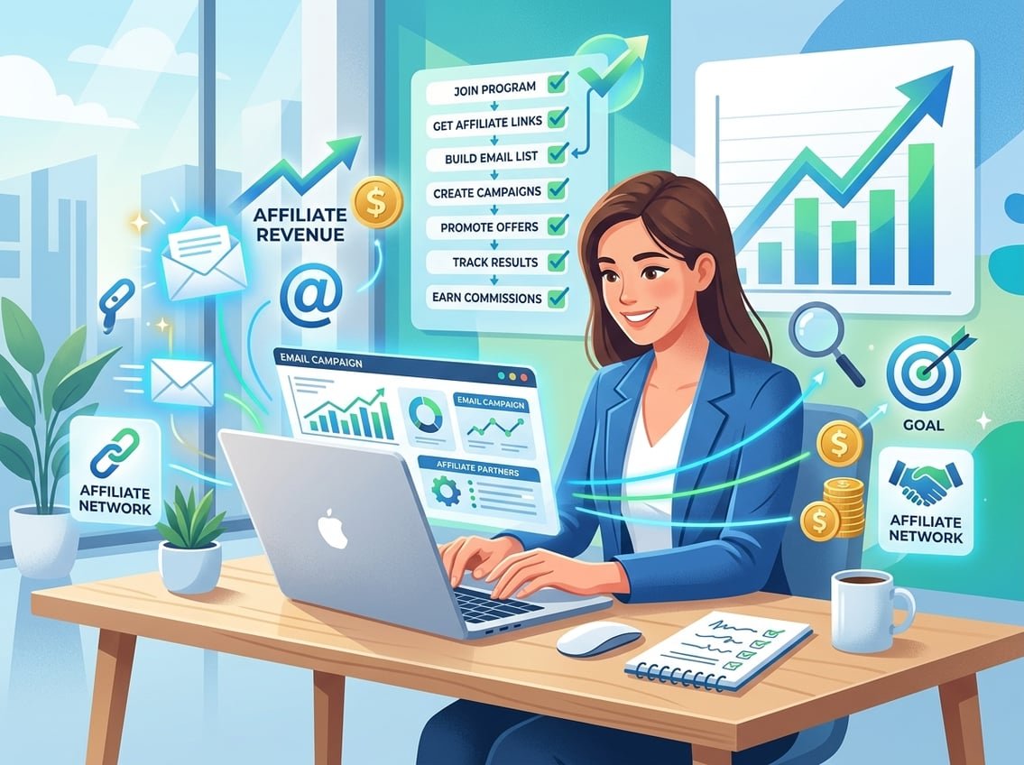 A person working on a laptop surrounded by email icons, dollar signs, and graphs representing email marketing and affiliate program success.