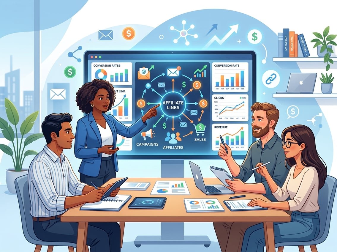 A group of people collaborating around a digital screen showing email marketing data and affiliate connections.