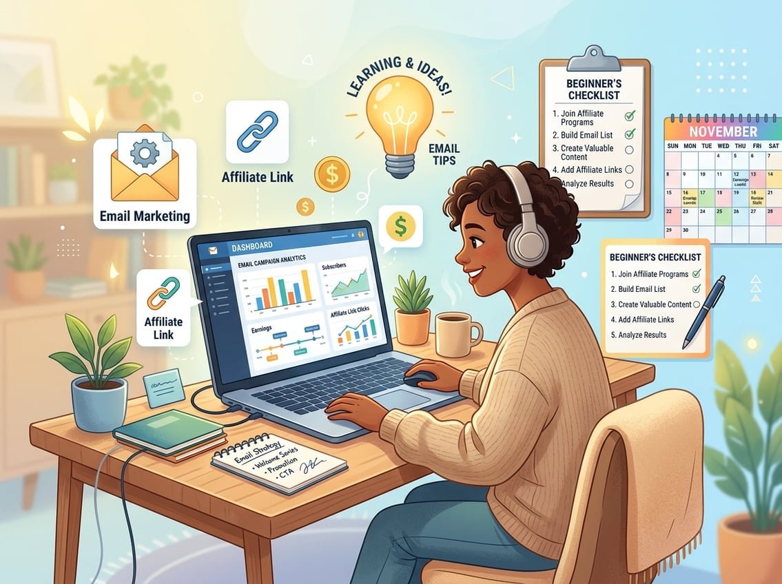 A workspace with a laptop showing email marketing charts, surrounded by icons for emails, affiliate links, and earnings, symbolizing beginner-friendly email marketing affiliate programs.