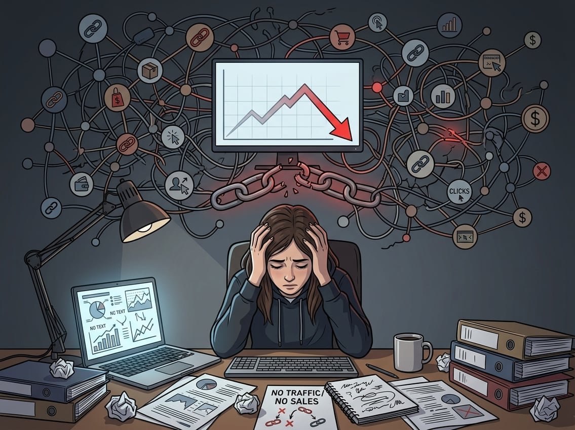 A young person at a desk using a laptop with charts and search icons, showing both organic growth and traffic challenges in an online business setting.
