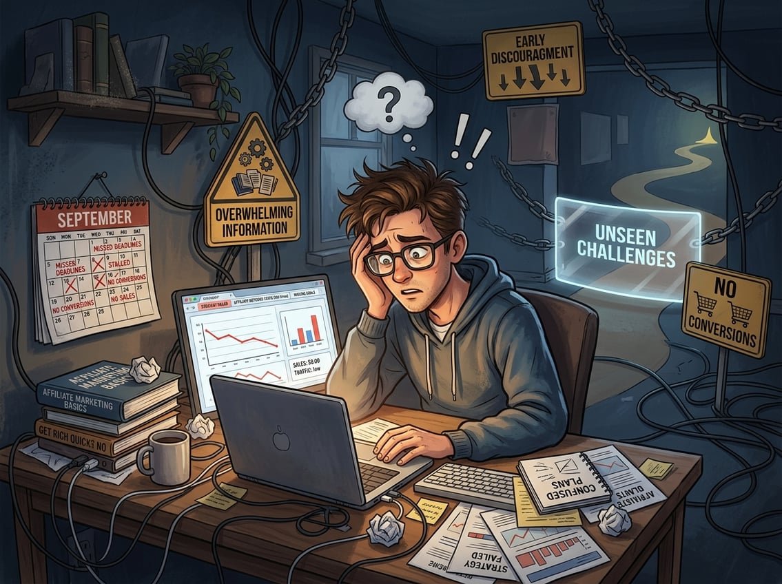 A young person sitting at a desk with a laptop and marketing materials, looking frustrated as they face obstacles and challenges blocking their progress.