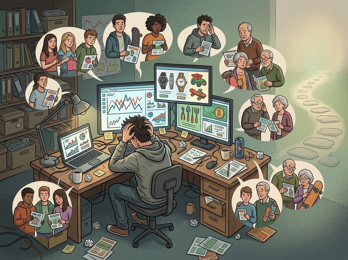 A frustrated person at a cluttered desk with confusing charts and mismatched marketing materials, surrounded by uninterested people representing the wrong audience.
