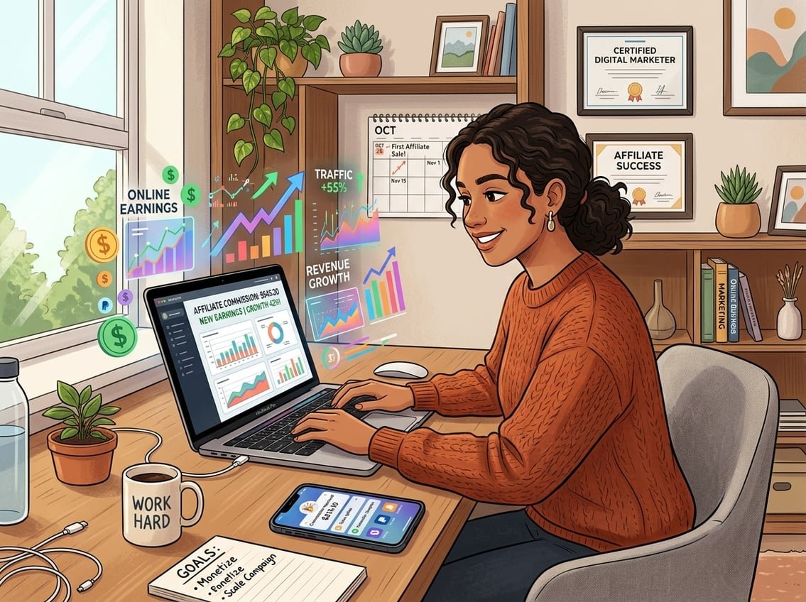 A person working on a laptop at a desk with digital charts and a smartphone showing notifications, surrounded by office items.