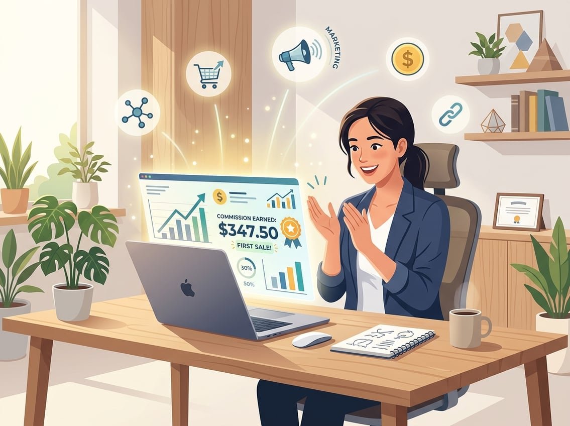 A person sitting at a desk with a laptop, surrounded by icons representing online marketing and earnings, symbolizing making a first affiliate commission.