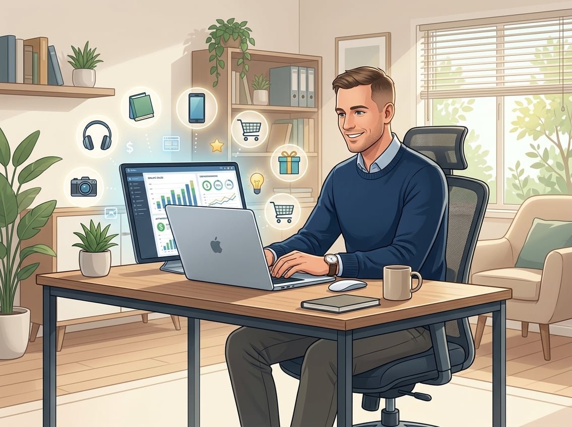 A person working at a desk with a laptop displaying sales charts, surrounded by icons of popular products, in a bright home office.