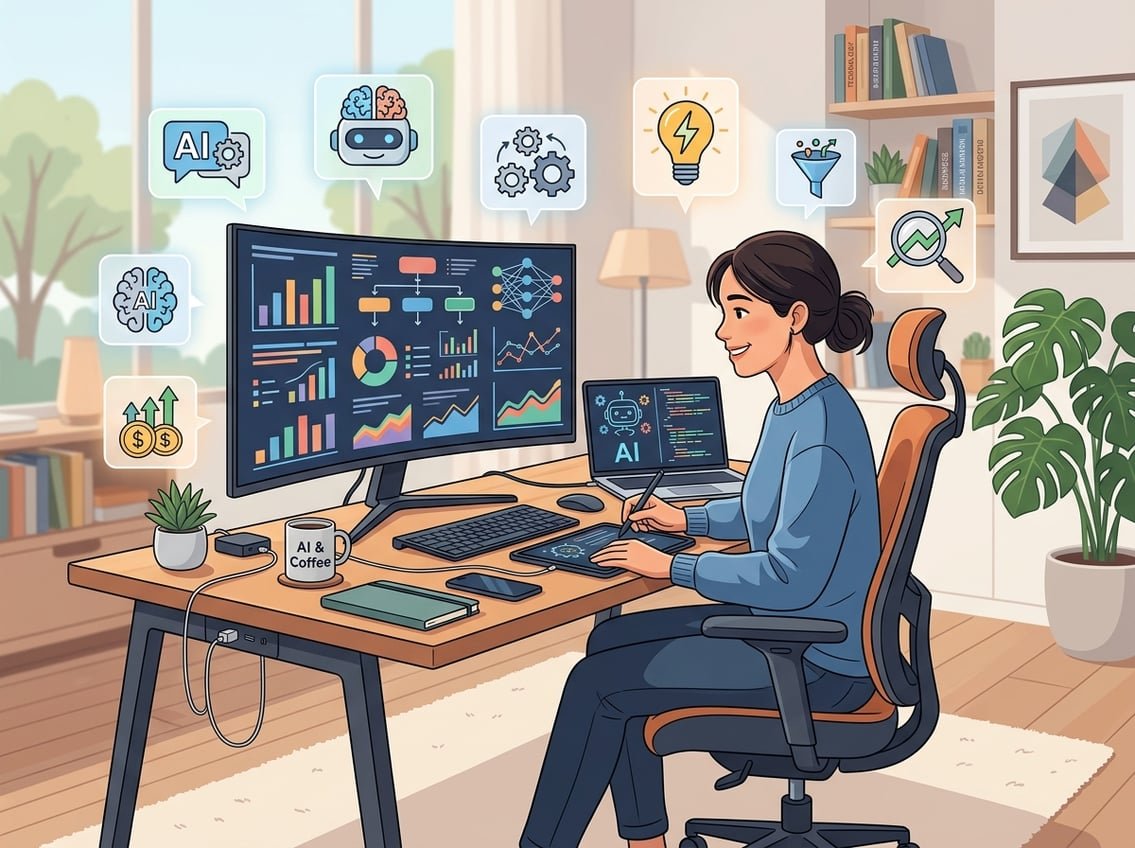 A person working at a desk with a computer showing AI graphics, surrounded by icons representing AI tools in a bright home office.