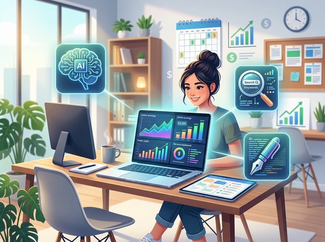 A modern workspace with a laptop showing charts and icons representing AI tools for writing, SEO, and online income.