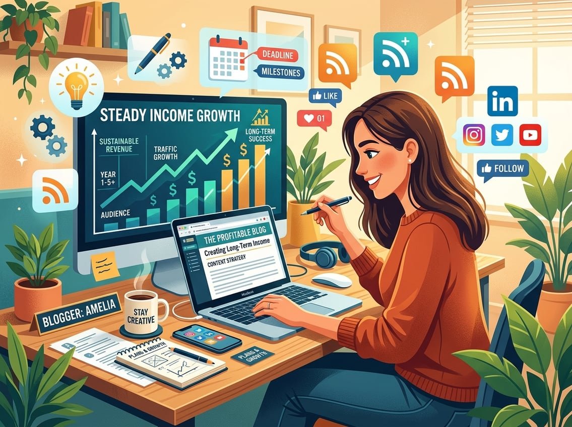 A person working at a desk with a laptop, surrounded by symbols of blogging and financial growth, including charts and social media icons.