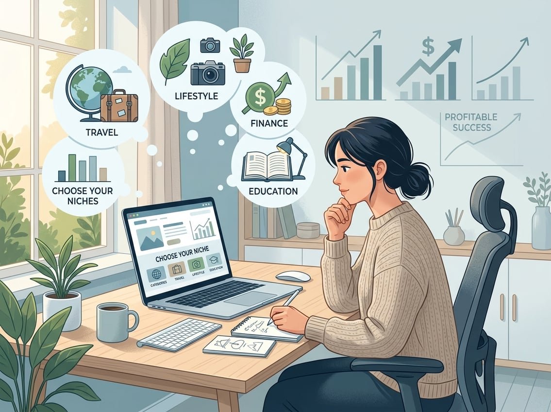 Person sitting at a desk with a laptop surrounded by icons representing different blog niches and charts showing income growth.