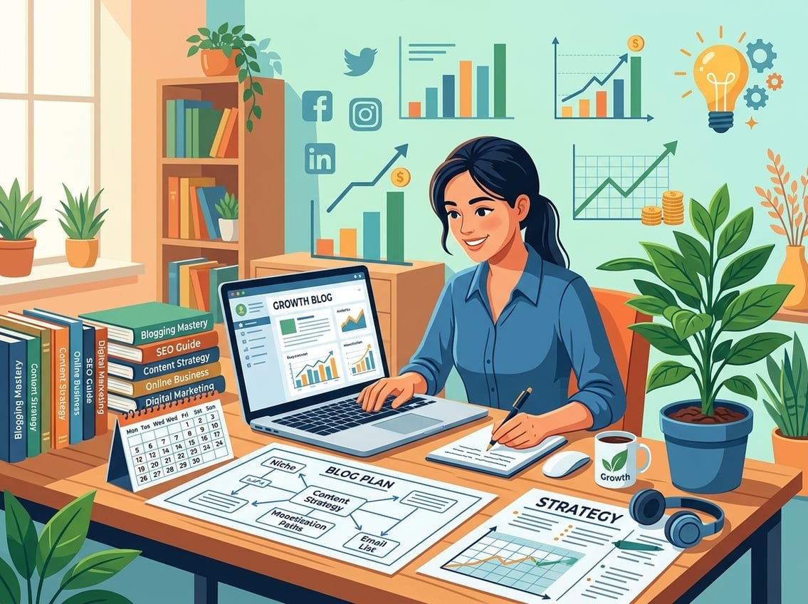 A person working at a desk with a laptop, surrounded by symbols of planning, growth, and blogging success.