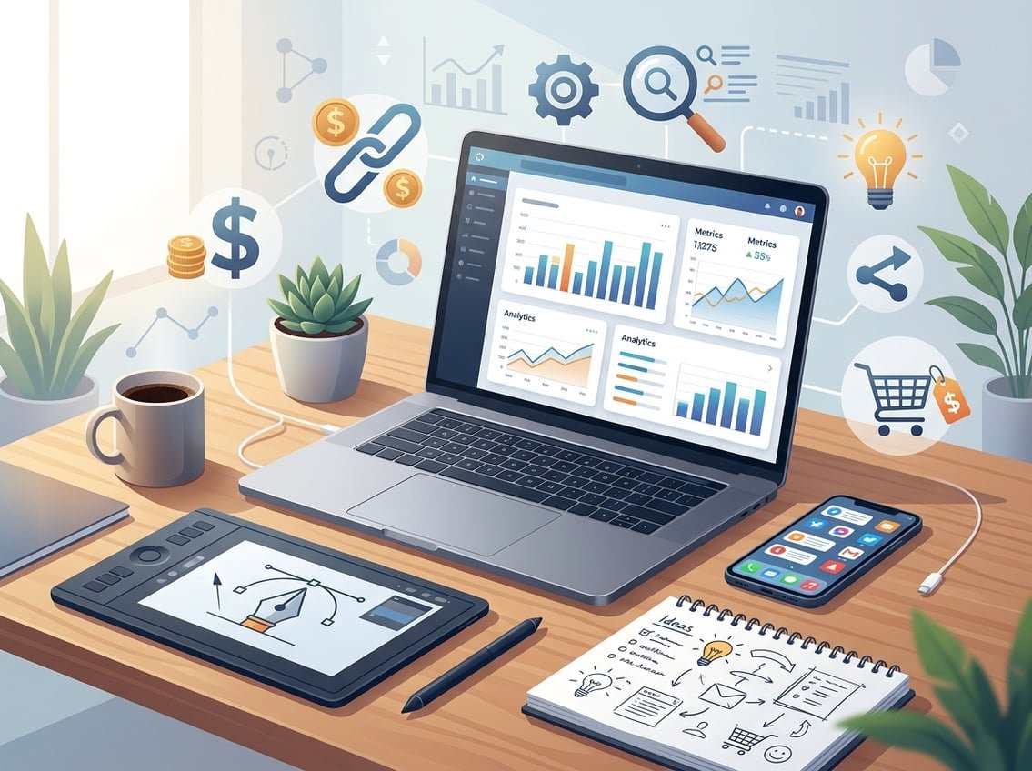 A modern workspace with a laptop, smartphone, pen tablet, coffee cup, and notepad, surrounded by icons representing blogging and affiliate marketing tools.