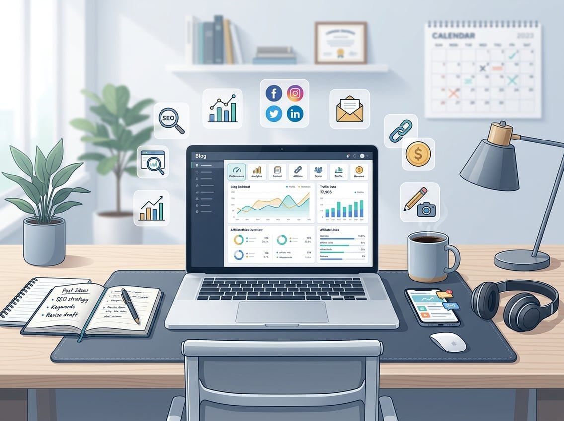 A workspace with a laptop showing blog analytics, surrounded by a smartphone, notebook, coffee cup, headphones, and floating icons representing SEO, analytics, and social media.