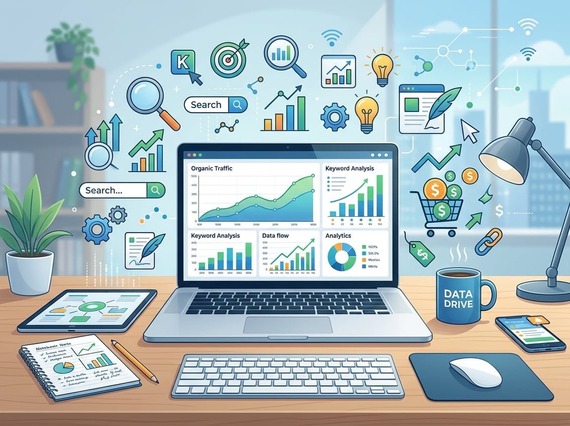 A modern workspace with a laptop showing analytics and digital marketing icons representing SEO, research, and affiliate marketing tools.