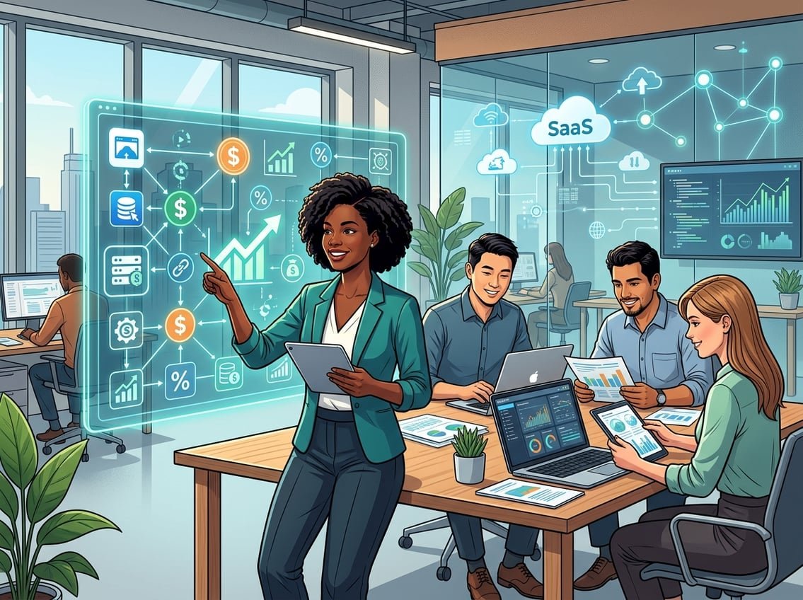 A group of professionals collaborating in an office with digital devices showing charts and software icons connected by affiliate links, representing passive income through SaaS programs.