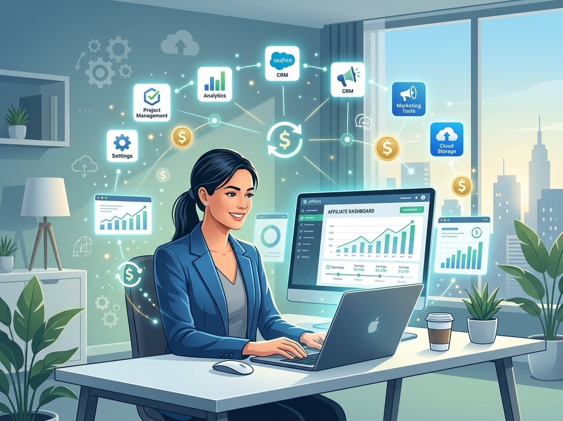 A person working at a desk with multiple computer screens showing charts and software icons, surrounded by symbols representing money and digital connections.