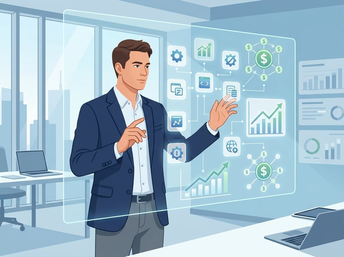 A person using a large touchscreen interface to select software programs, surrounded by graphs and icons representing income and network connections in an office setting.
