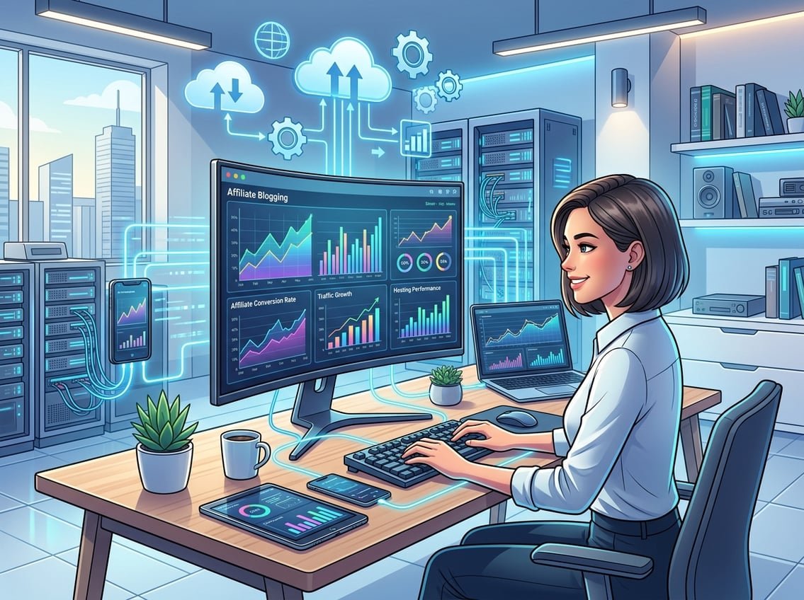 A modern workspace with a computer showing website analytics, surrounded by server racks, cloud icons, and connected digital devices representing web hosting and affiliate blogging.