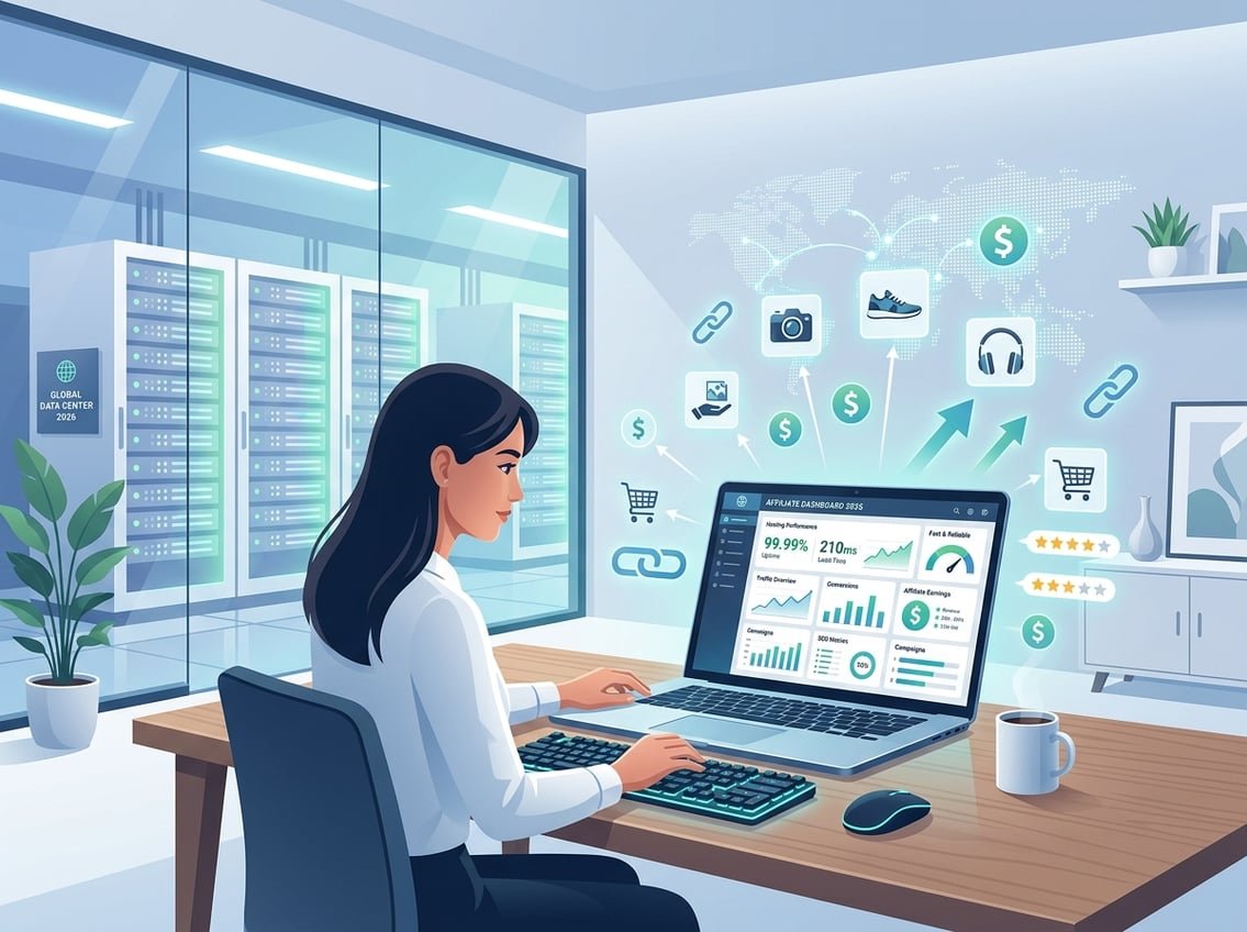 A modern workspace with a laptop showing analytics and graphs, surrounded by icons representing affiliate marketing, with glowing server racks in the background.