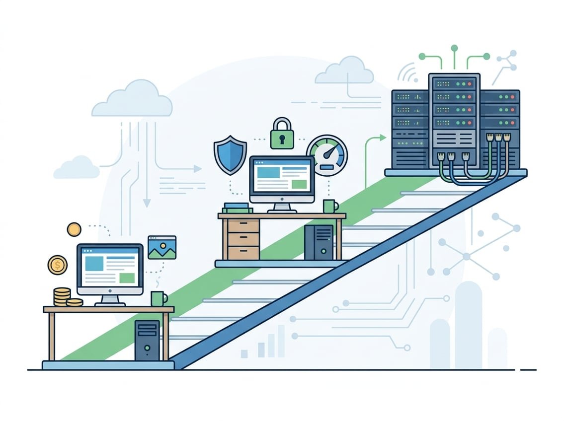 Illustration showing different stages of growth with symbolic icons representing basic, intermediate, and advanced hosting setups connected by a growth timeline.