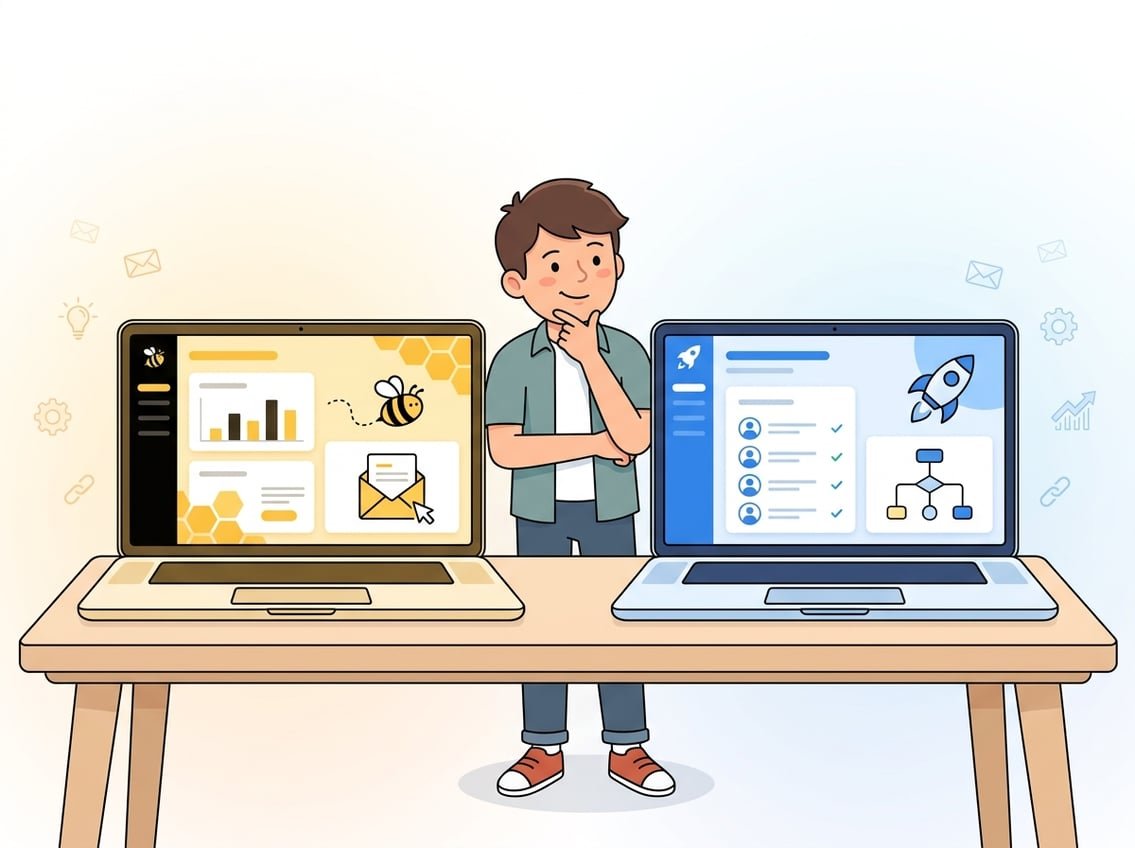 A person comparing two computer screens side by side, each showing different email marketing platform interfaces with distinct icons and colors, representing a choice between two options.