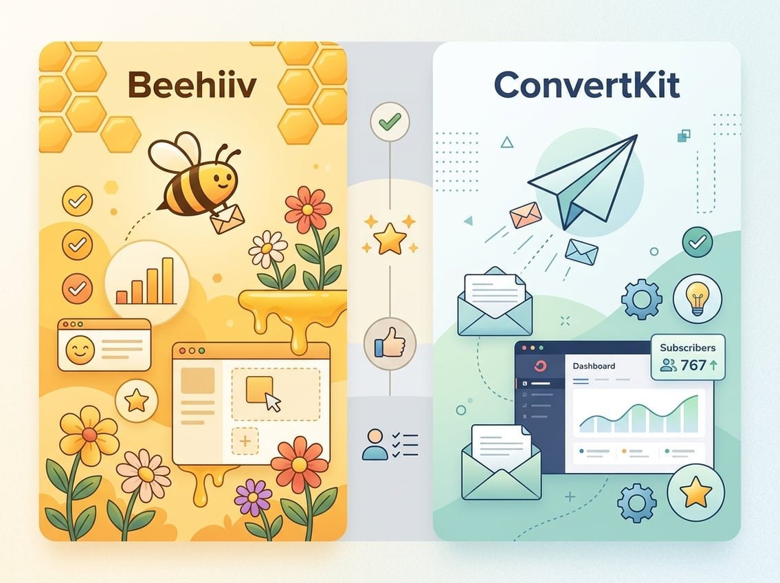 An illustration showing two side-by-side sections comparing Beehiiv and ConvertKit with symbolic icons like a bee and honeycomb on one side and a paper airplane on the other, connected by simple infographic elements indicating ease of use.