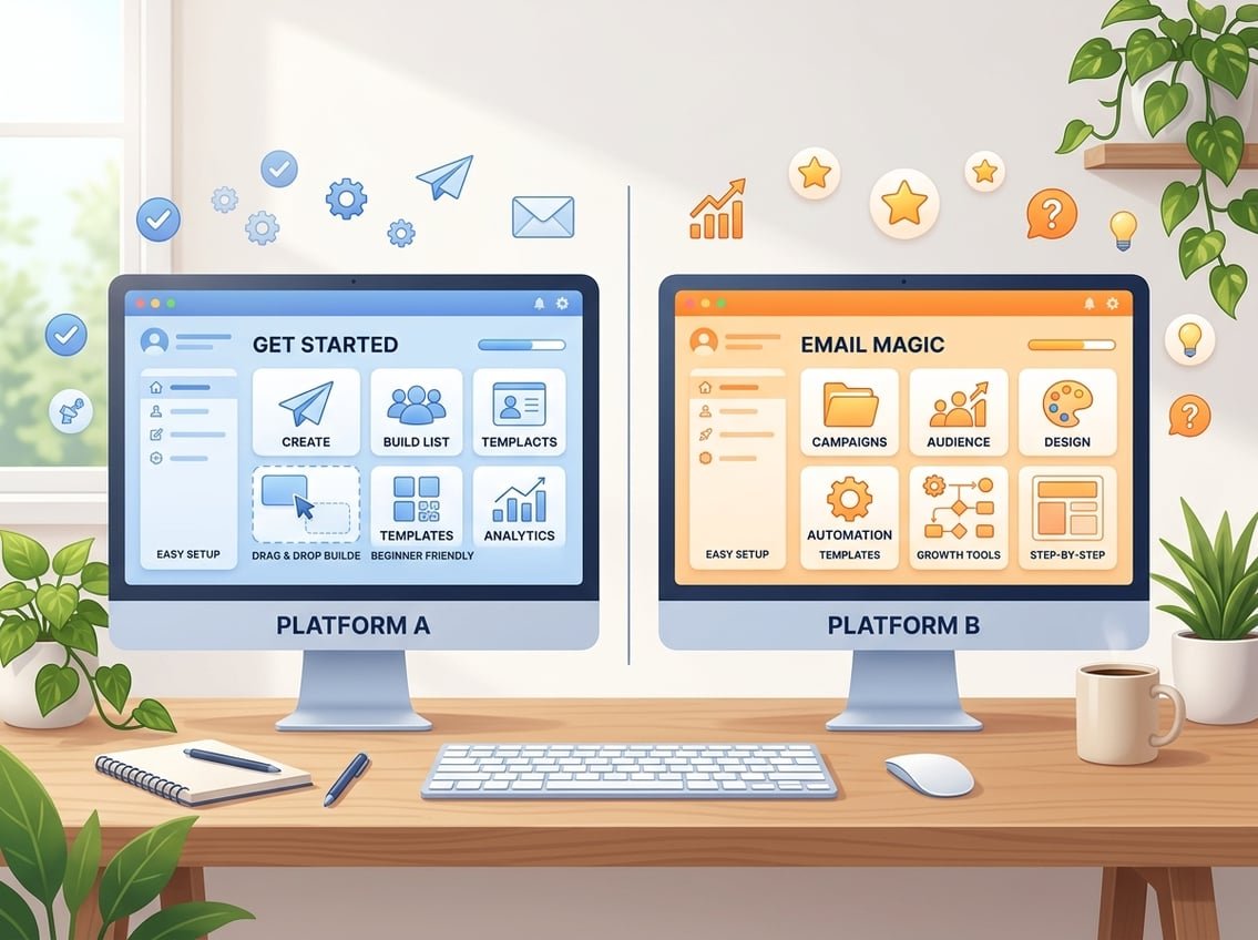 Two computer screens side by side on a desk showing simplified user interfaces with icons representing ease of use and publishing tools.