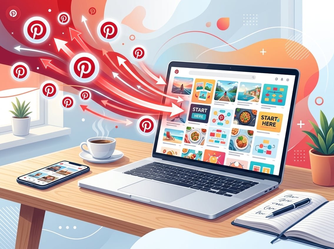 A laptop on a desk showing a blog homepage with Pinterest icons and arrows pointing towards the laptop, representing traffic coming from Pinterest to the blog.