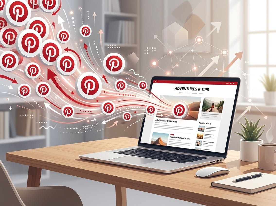 A laptop on a desk with Pinterest icons flowing towards it, symbolizing traffic coming to a blog.