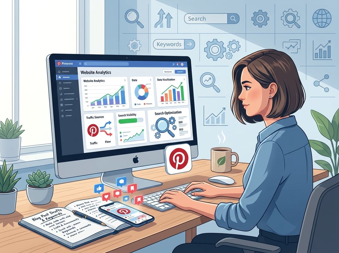 A workspace with a computer showing website analytics, surrounded by Pinterest and blogging icons, representing setting up an account and website for search visibility.