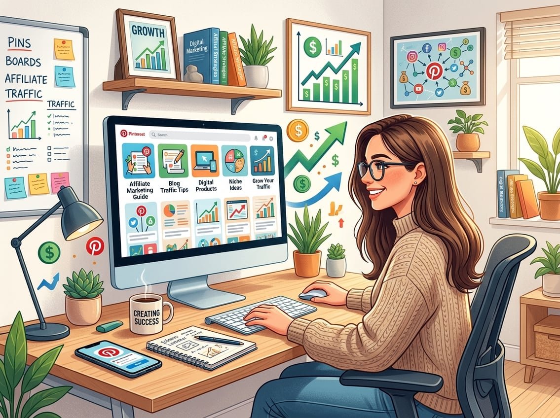A person working at a desk with a computer showing Pinterest-style images and marketing icons around, representing affiliate marketing learning.