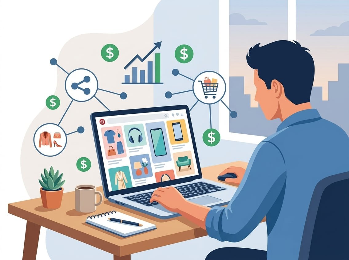 A person working on a laptop showing a Pinterest-like interface with affiliate product images, surrounded by icons representing online marketing and income growth.