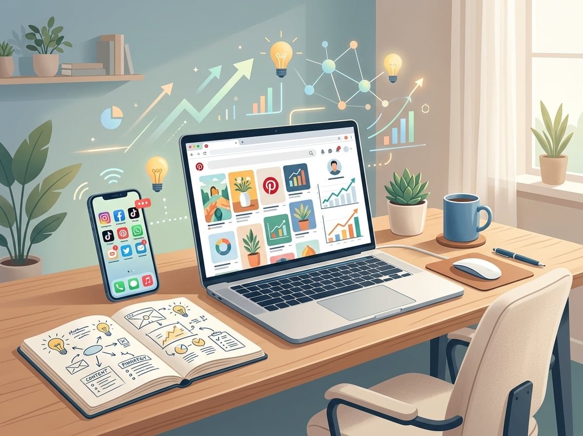 A workspace with a laptop showing a Pinterest dashboard, a notebook with content sketches, and a smartphone with social media icons, representing setting up a beginner-friendly Pinterest marketing account.