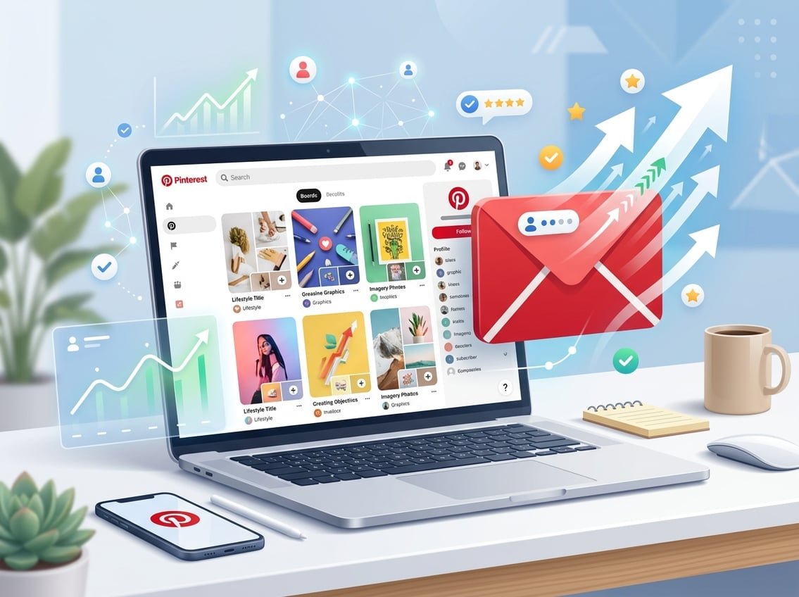 A workspace with a laptop showing a Pinterest-like interface, an email envelope icon with arrows indicating growth, and graphical elements representing digital marketing and list expansion.